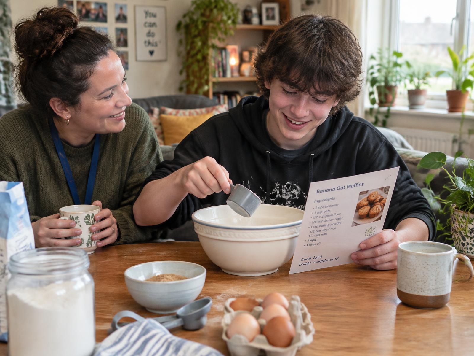 Illustrative photo: a support worker smiles encouragingly as a young person measures ingredients from a recipe card at a kitchen table in a homely living room.